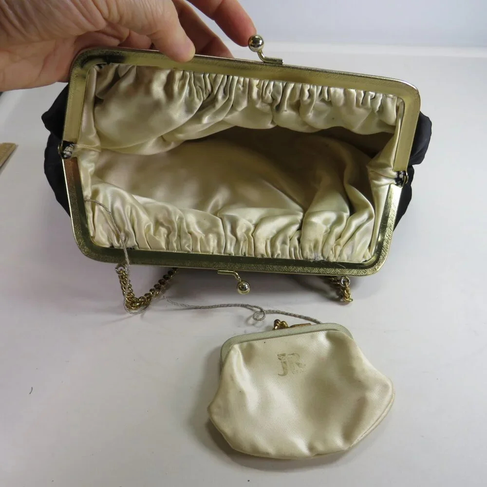 Vintage Julius Resnick Black Satin Evening Clutch | Mid Century MCM Purse Set
